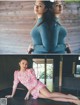 A woman sitting on top of a wooden table.