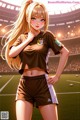 A girl in a brown shirt and shorts standing on a soccer field.