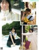 A collage of photos of a woman in a white shirt and black skirt.