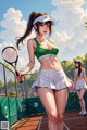 A woman in a green top and white skirt holding a tennis racket.