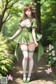 A woman in a green dress and white stockings standing in a garden.