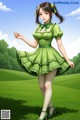 A girl in a green dress standing in a field.